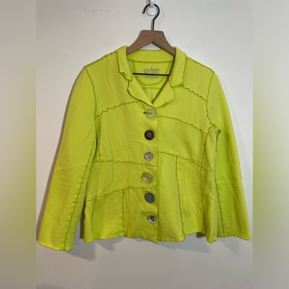 Neon Buddha Yellow Green Mix Buttons Cotton Sweater Jacket Size Medium - Picture 1 of 8